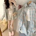 Harajuku Oversize Loose Plaid Shirts Female Lazy Style Long Sleeve Out Wear Casual Blouses Vintage All-match Students Shirt