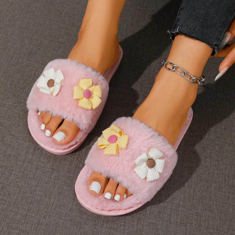 Winter New Flower Decor Comfort Soft Soled Women Cotton Slippers 2026 Fashion Solid Round Toe Plush Warm House Women's Shoes