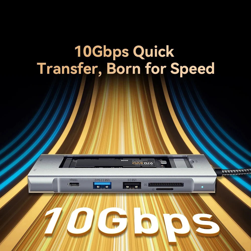 8-in-1 USB Hub M.2 NVMe SATA SSD Enclosure Storage USB3.2 Type-c to HDMI-Compatible Laptop Dock Station USB Adapter For Macbook