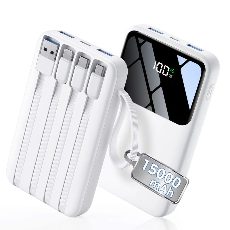 Power Bank,15000mAh Portable Charger with Built in Cable,22.5W Fast Charging,6 Outputs,Slim Travel Essential Battery Pack