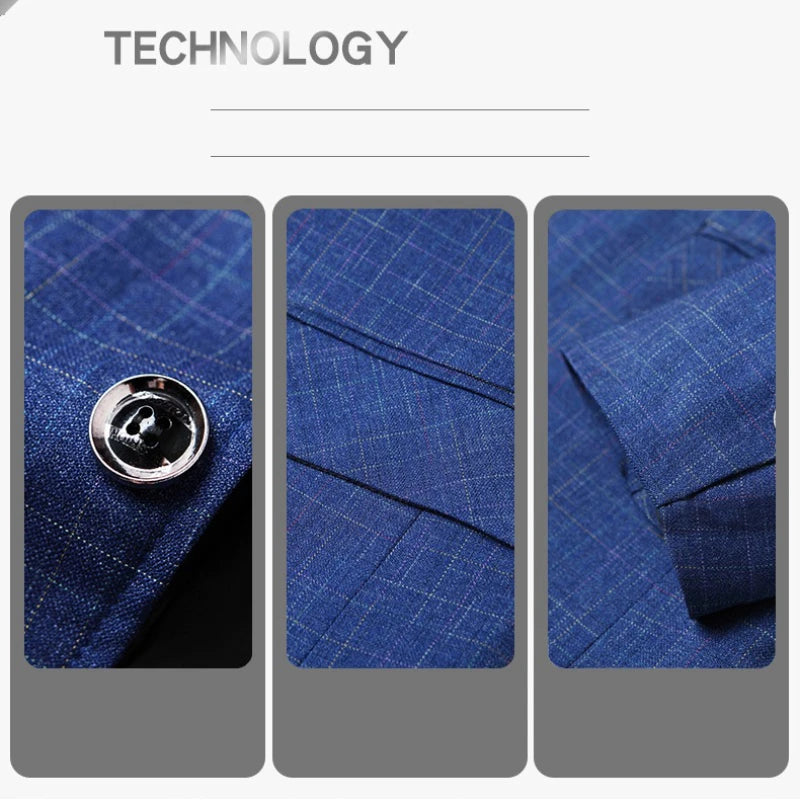 2025 Spring  Autumn New Blue Checkered Non-iron Suit Jackets for Men,black Light Business Casual Men Blazer Slim Fit, Asian Size