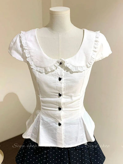 White Slim Sweet Shirt Women Puff Sleeve Cute Preppy | SAMAG