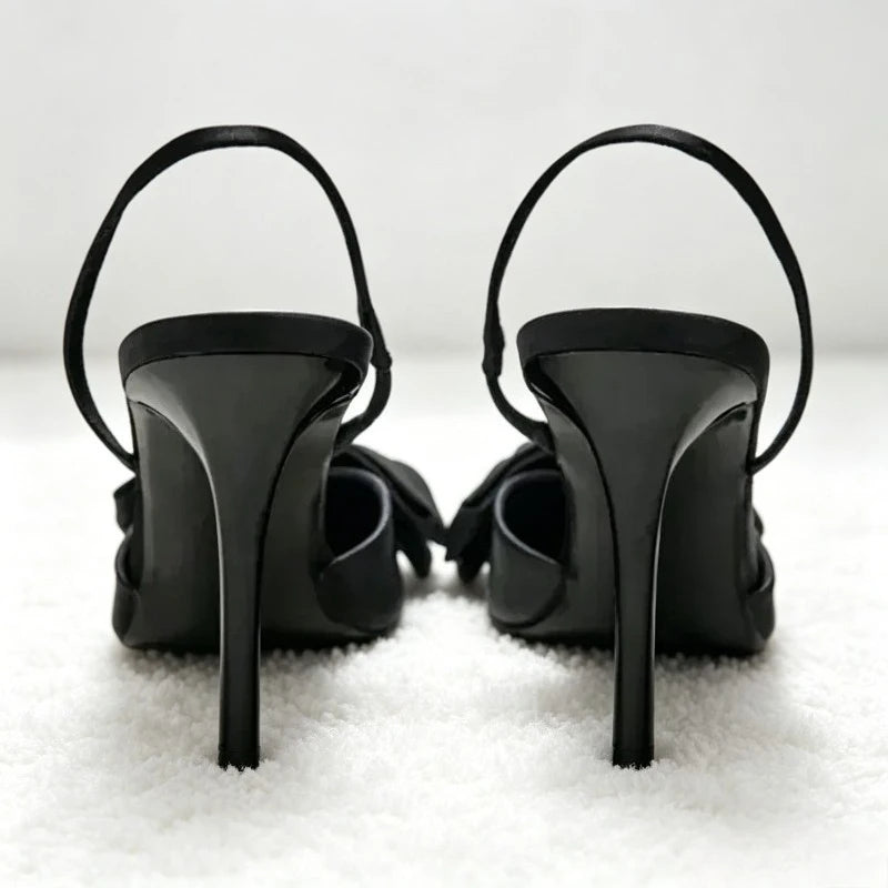 Luxury Silver High Heeled Sandals Women Sexy Pointed Toe Back Strap Thin Heels for Women Elegant Bow Design Banquet Dress Shoes