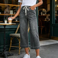 Cropped Pants for Women, High-Stretch Denim Wide-Leg Trousers, Drawstring Waistband Casual Summer Pants Denim Jeans Women