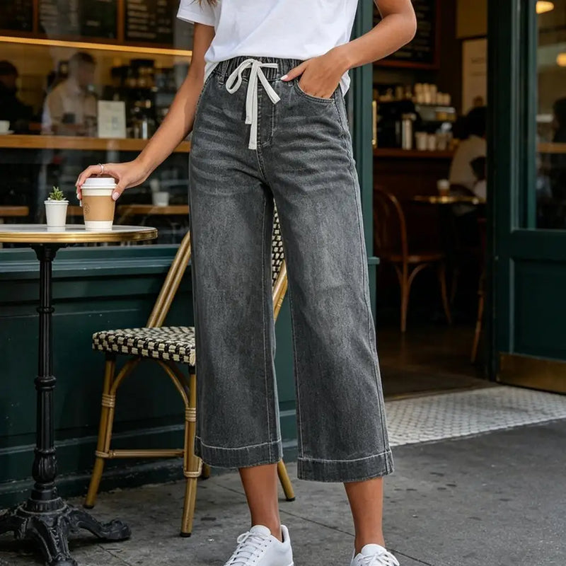 Cropped Pants for Women, High-Stretch Denim Wide-Leg Trousers, Drawstring Waistband Casual Summer Pants Denim Jeans Women