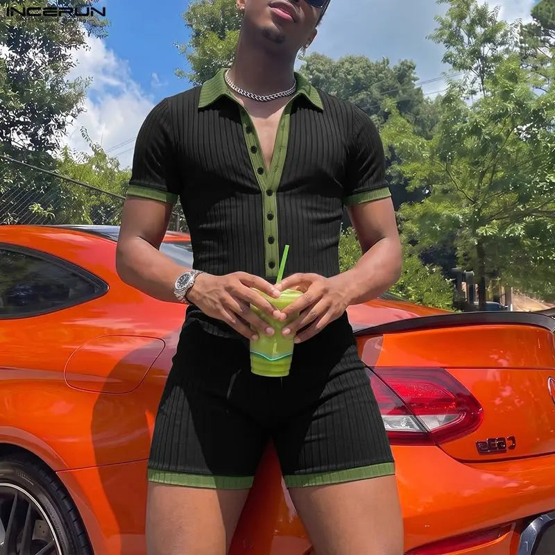 INCERUN Men's Bodysuits Patchwork Lapel Short Sleeve Button Male Rompers Playsuits Knitted Summer 2026 Casual Bodysuit For Man