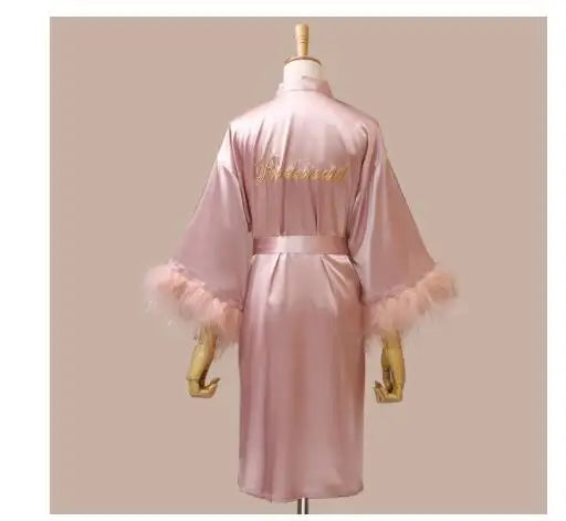 Women FEATHER Bride Bridesmaid Wedding Robe Satin Kimono | SAMAG