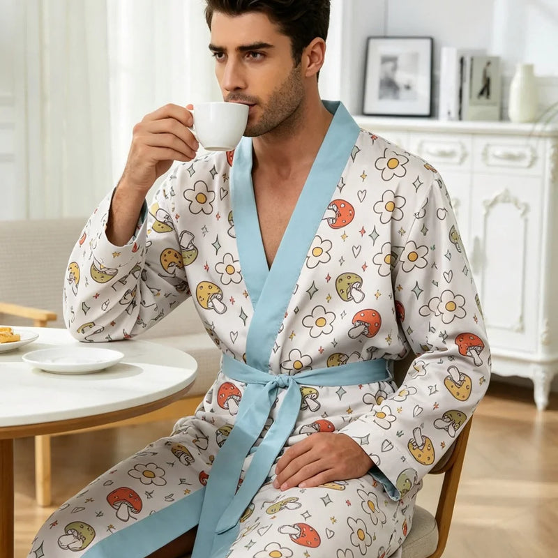 Men's lightweight quick-drying pajama bathrobe - 3D digital printing, non-fading design, stand-up collar and adjustable waistban