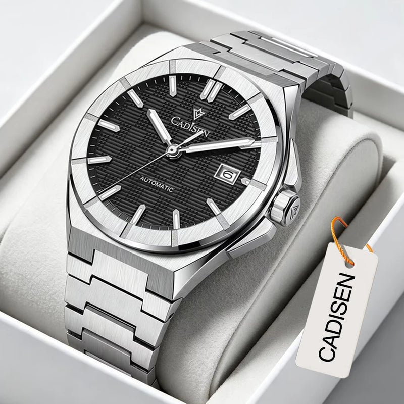 CADISEN Watch Business Automatic Watches Mens Japan 8215 Mechanical Luminous AR Sapphire 100M Waterproof Calendar WristWatch+Box
