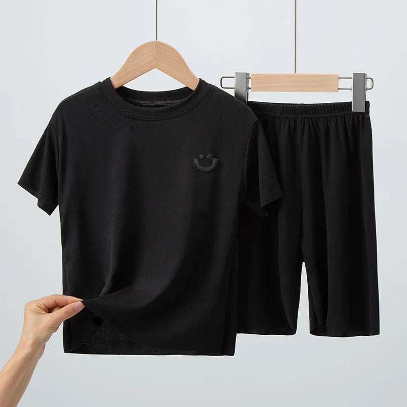 2-piece Summer Children's Solid Color Ice Silk Suit Boys Casual Fashion Cool Short-sleeved Girl Han Fan Joker Shorts Home Clothe