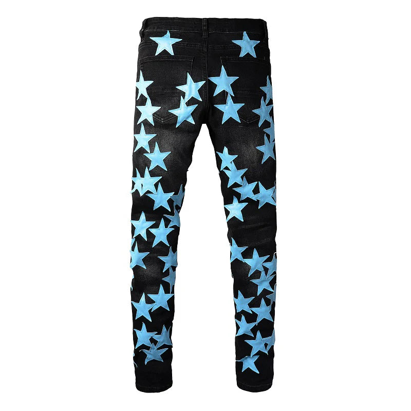 Men Sky Blue Leather Stars Patches Jeans Streetwear Black | SAMAG