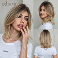 EASIHAIR Short Straight Bob Hair Synthetic Wigs for Women Brown Straight Natural Wigs with Eight Character Bangs Daily Cosplay