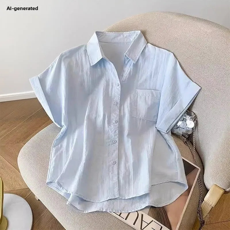 Blue  Ne ort Sve irt Women's Loose Sle Summer New Faion Breathable Comfortable Korean Version Small Size Top