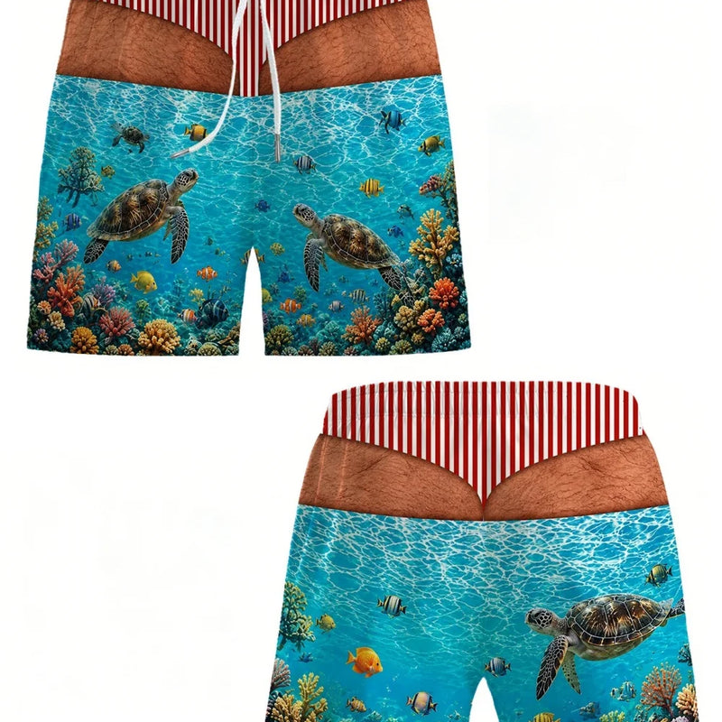Men Funny Fake Two Piece Shorts Optical Illusion Thong Print Beach Fun Swim Trunks for Summer Holiday - View 4 | SAMAG