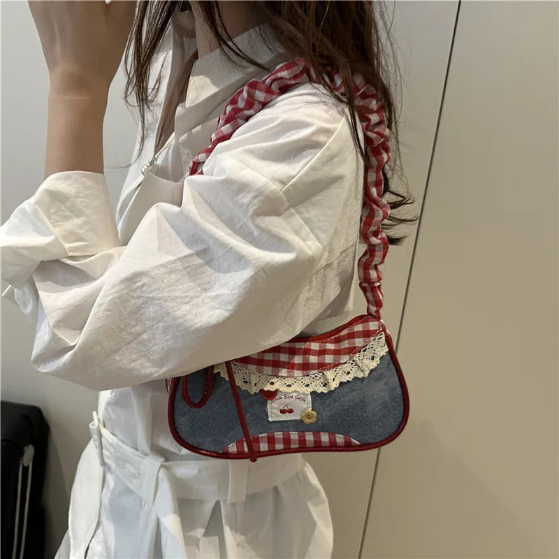 Sweet Lace Bow Prints Ladies Shoulder Bags Women's Contrast Color Lightweight Underarm Bags Pleated Design Female Hobos Handbags