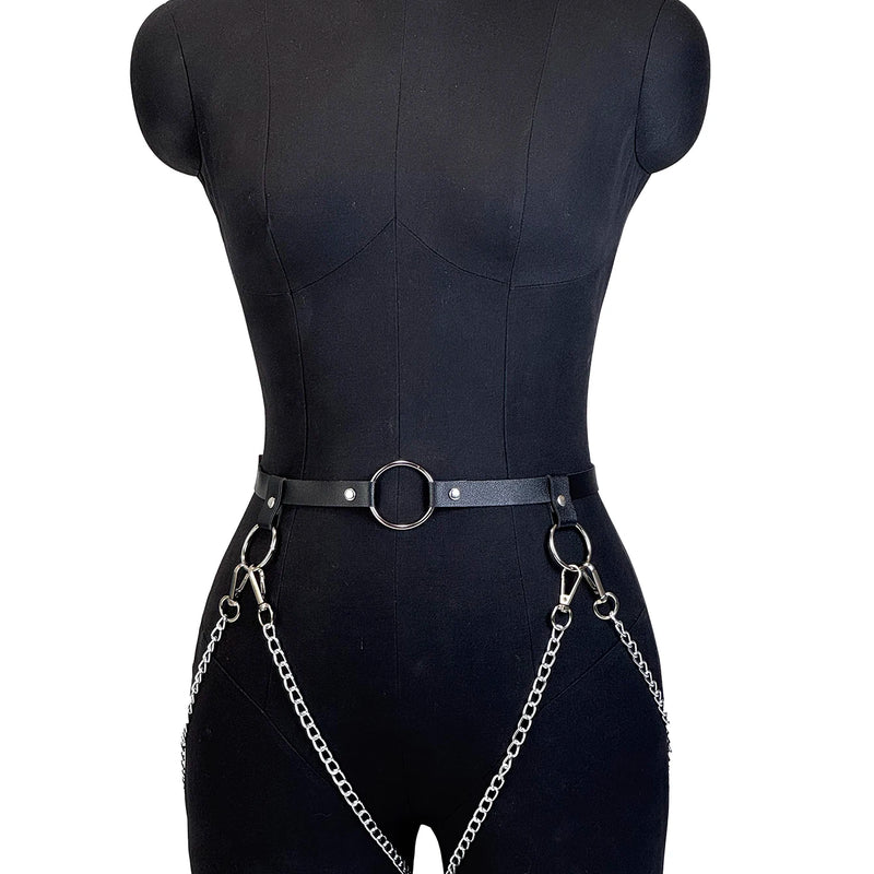 Women Fashion Full Body Chain Leather Waist Belt and Thigh Garter Set, Punk Gothic Metal Chain Suspenders for Festival Cosplay