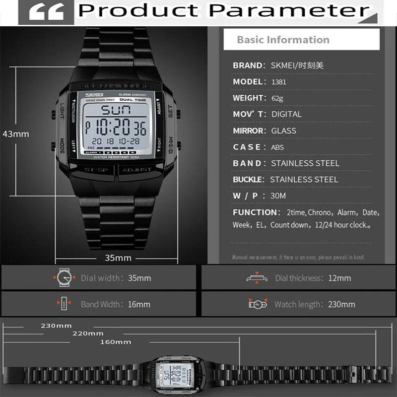 Skmei Men's Digital Sport's Watches Stainless Steel Strap 5 Alarm Clock Waterproof Led Chronograph Fashion Male Dual Time