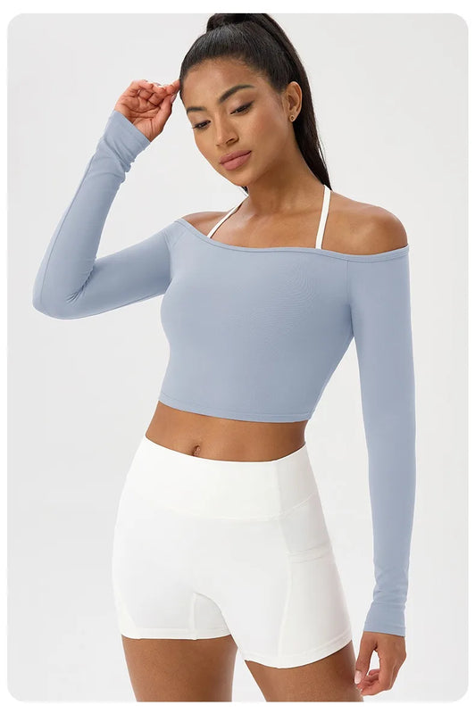 Long Sleeve Yoga T-Shirt for Women, Off Shoulder, Sexy Tight Gym Workout Top, Naked Feeling, Quick Dry Sports Activewear