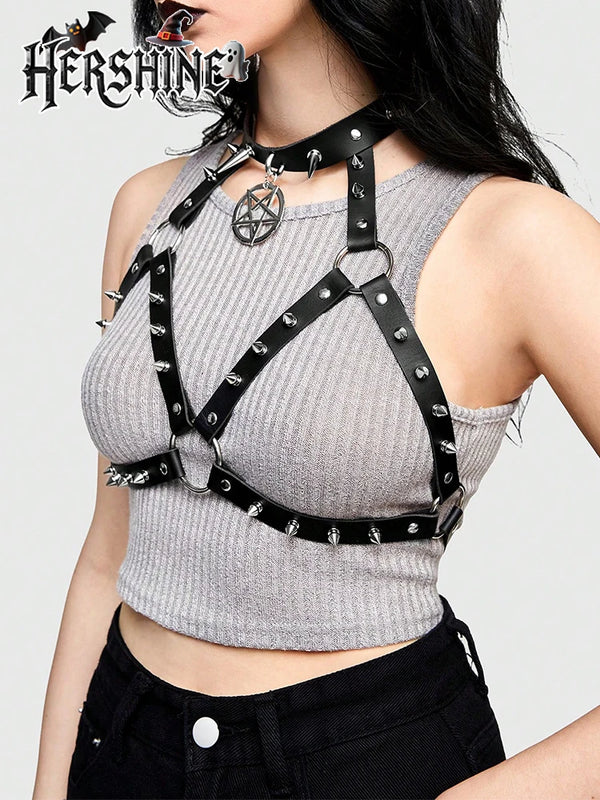 HERSHINE 1 piece women's black pointed nail pentagram hanging neck wrapped chest strap Y2K dark style Halloween accessory
