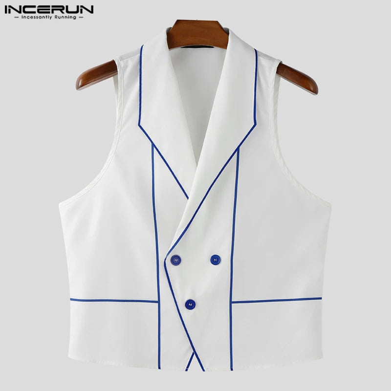 INCERUN Men Vests Printing Color-block Lapel Sleeveless Button Casual Male Waistcoats Streetwear 2025 Fashion Leisure Vests Men