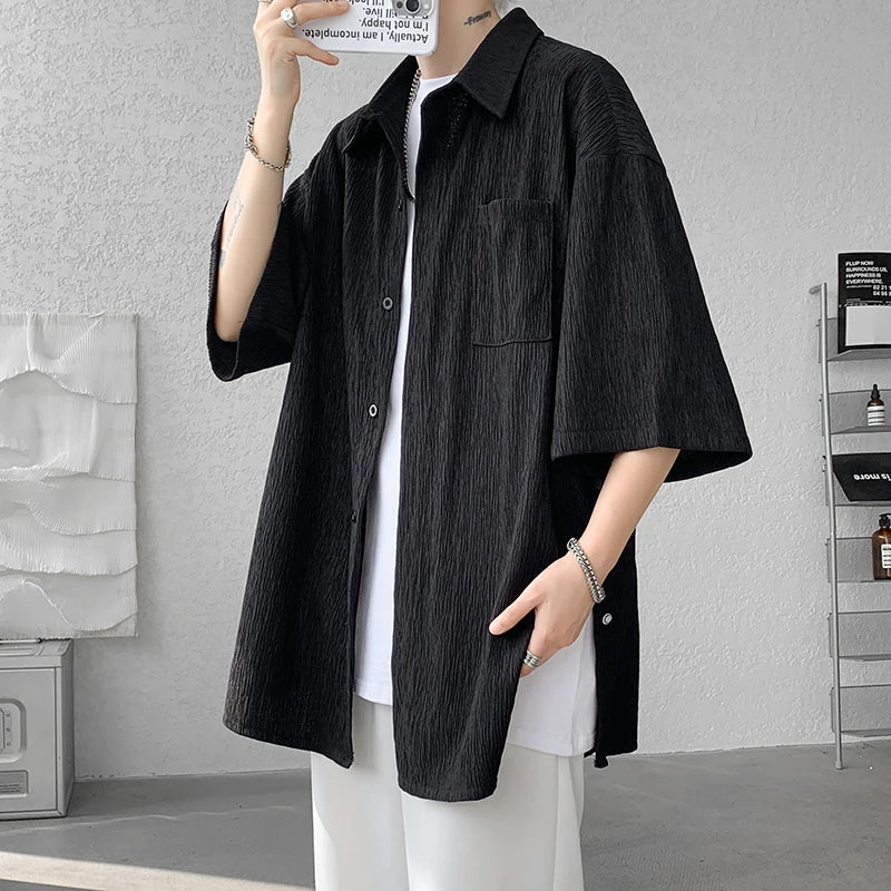 Wine Red Side Buttons Pleated Shirt Black Apricot | SAMAG
