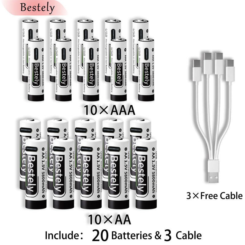New 1.5V AAA 3600mAh+AA 5800mAh Lithium Ion Rechargeable Battery Fast Charging USB-C Li-ion Batteries 2000 Cycle with Free Cable