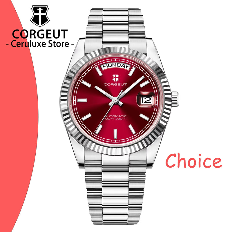 CORGEUT NH36 Mechanical Men's Watch Date of the Week Show President Chain Strap Steel Case Watch Threaded Arc Bezel Waterp