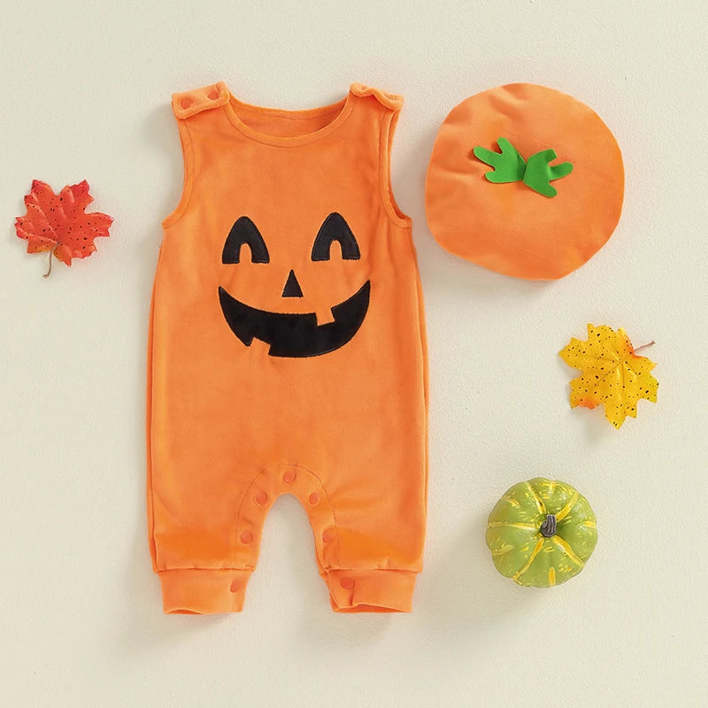 Newborn Infant Baby Girls Boy Pumpkin Costume Cute Sleeveless Round Neck Jumpsuits with Hat Newborn Halloween Outfit