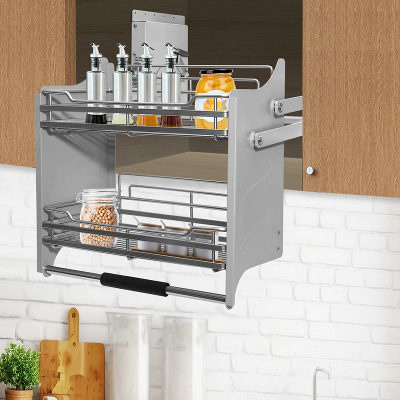 Dark Grey 2-Tier Pull-Down Dish Rack Space-Saving Cabinet Pull-Down Shelf 56.2x28x56cm/22.13x11.02x22.05in Kitchen Storage Organizer