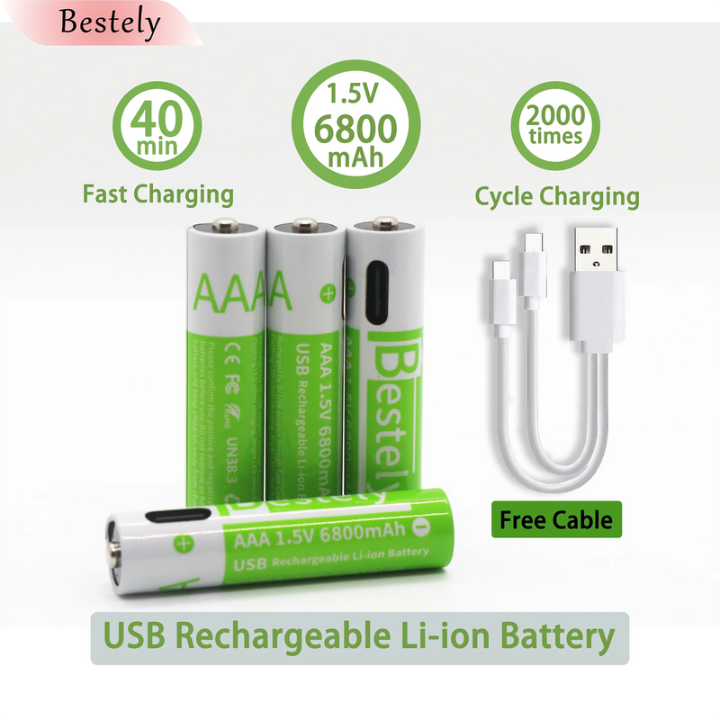New 1.5V AAA 6800mAh Rechargeable Lithium Batteries High Capacity AAA Li-ion Battery Type-C USB 2000 Times Cycle with Free Cable