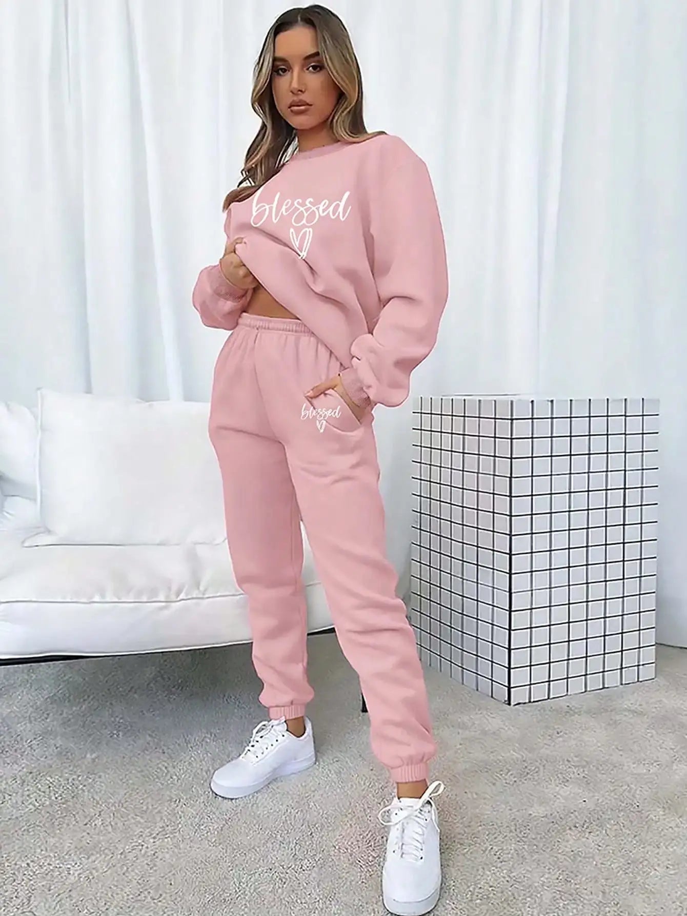 Women's Elastic Knit 2‑Piece Tracksuit Letter Print Long Sleeve Crew Neck Sweatshirt Elastic Waist Jogger Pants Loungewear Set