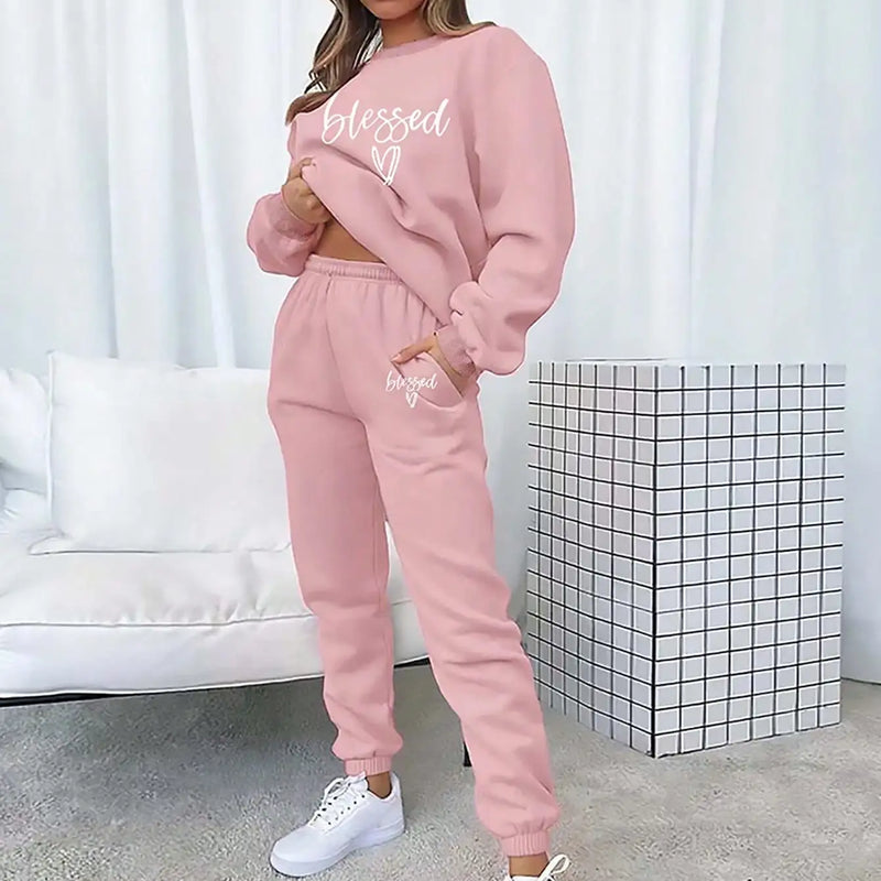 Women's Elastic Knit 2‑Piece Tracksuit Letter Print Long Sleeve Crew Neck Sweatshirt Elastic Waist Jogger Pants Loungewear Set