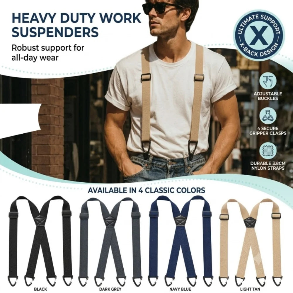 Heavy Duty Work Suspenders Adjustable X Shape Tactical Tool Belt Strap Men Elastic Wide Pant Clamps Cargo Clip