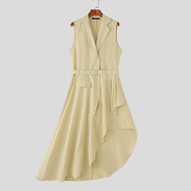 INCERUN Men Vests Solid Lapel Sleeveless Irregular Vests Men 2025 Ruffle Fashion Male Long Style Waistcoats With Belt Streetwear