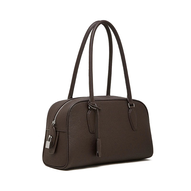 2026 New Casual Women’s High Quality Genuine Leather Top Handle Boston Bags Solid Color Minimalist Design Lady Shoulder Bag
