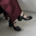 Arden Furtado Women's Mary Jane Shoes Cowhide Leather Round Toe High Heels Bowknot Chunky Pumps with Belt Buckle