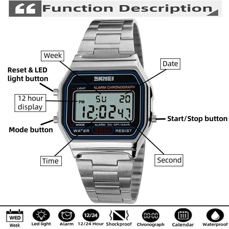 Unisex Digital Bracelet Watches Luxury Stainless Steel Strap LED Waterproof Chronograph Fashion Alarm - Visuel 2 | SAMAG