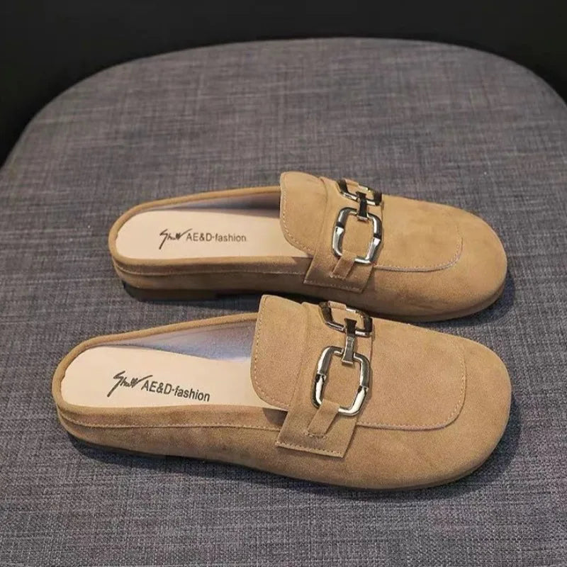 Women's New Spring Summer Style Plus Size Mules Soft Leather Soft Sole Flat Heel Closed Toe Half Slip On Outdoor