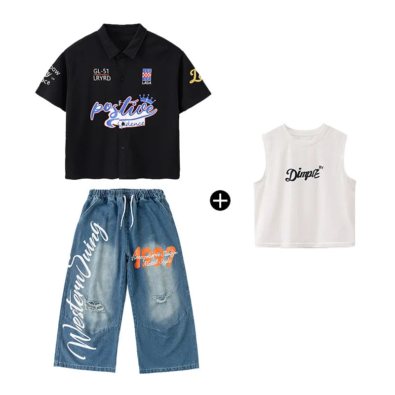 Kid Hip Hop Clothing Black Baseball Shirt Top Denim Blue - View 5 | SAMAG