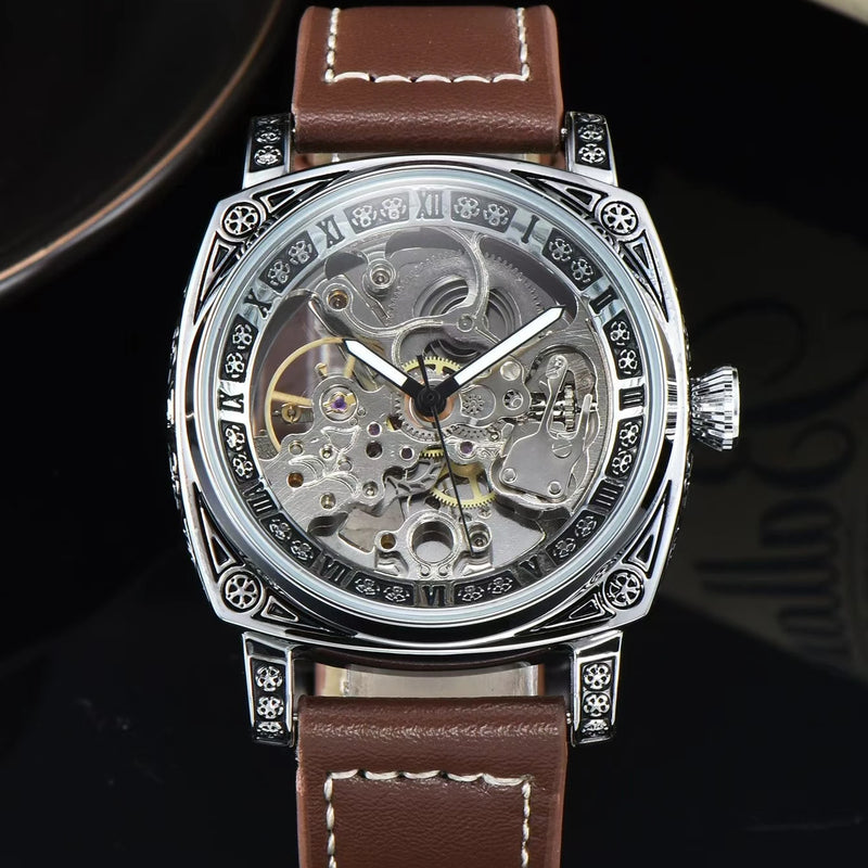 Men Automatic Watch Retro Style Mechanical Watches Skeleton Carve Waterproof Leather No Logo Mens Watch Boyfriend's Gift