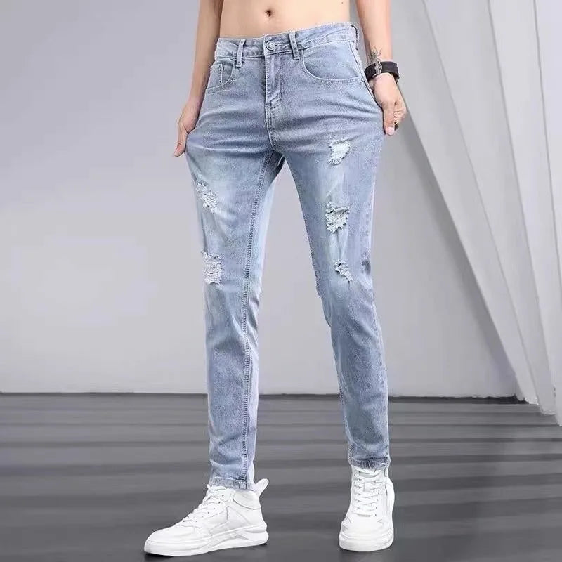 Men's Jeans Spring Summer Ripped Stretch Slim Straight | SAMAG