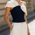 Chic One Shoulder Twisted Color Block Navy White Slim Fit - View 3 | SAMAG