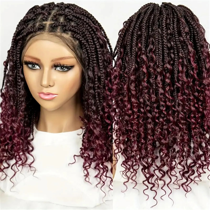 14/16/18" Short Knotless Box Braided Wig with Curly Ends Synthetic Full Lace Boho Braided Hair Wigs for Black Women Fluffy Wig