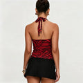 Women Summer Halter Tank Top Obsession Horror Movie Inspired Cosplay Costume Trendy Zebra‑Stripe Print Sexy Sleeveless Crop Top