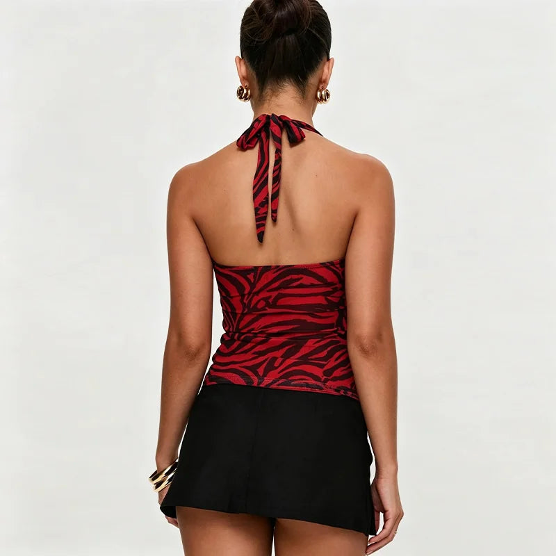 Women Summer Halter Tank Top Obsession Horror Movie Inspired Cosplay Costume Trendy Zebra‑Stripe Print Sexy Sleeveless Crop Top