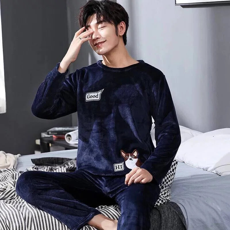 Cartoon Cute Dog Letter Print Men's Pajamas Set Cotton Soft Autumn Winter New Men's Sleepwear Long Sleeve & Pants Korean Pajamas
