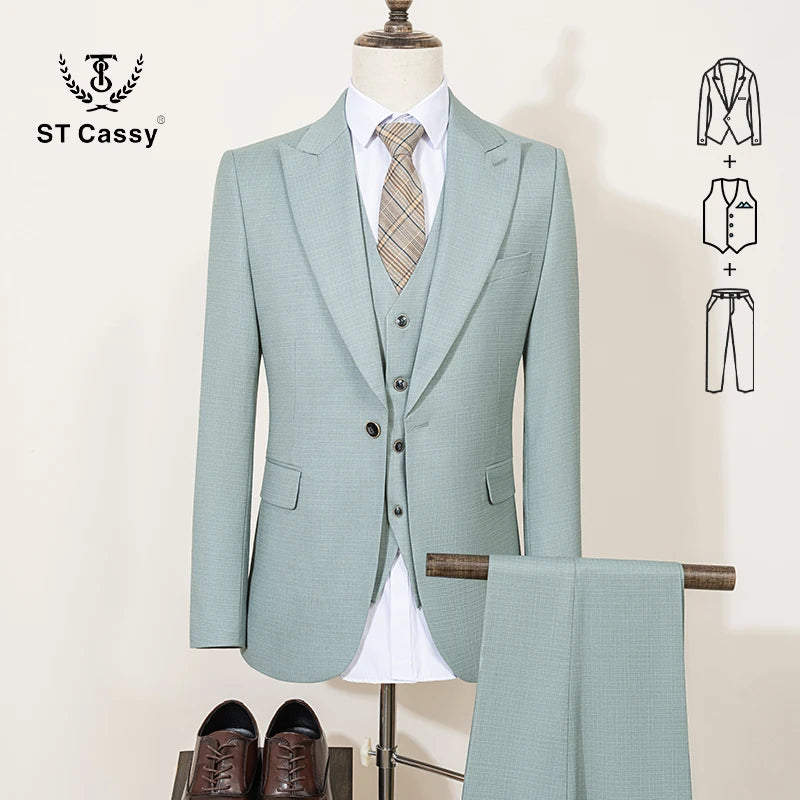 ST Cassy Summer Thin Version Men's Suit Green Slim Fit Formal Business Office Men's Suits（jacket+Vest+Pants）