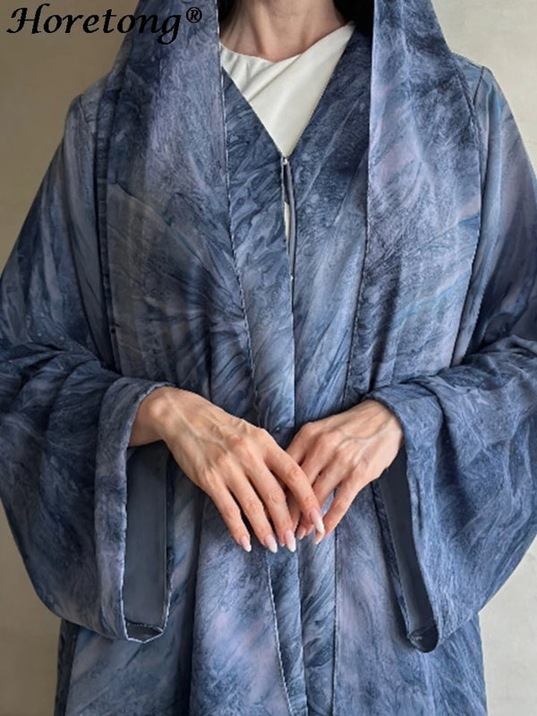 Horetong Muslim Abaya Robe Women Marble Print Chiffon V | SAMAG