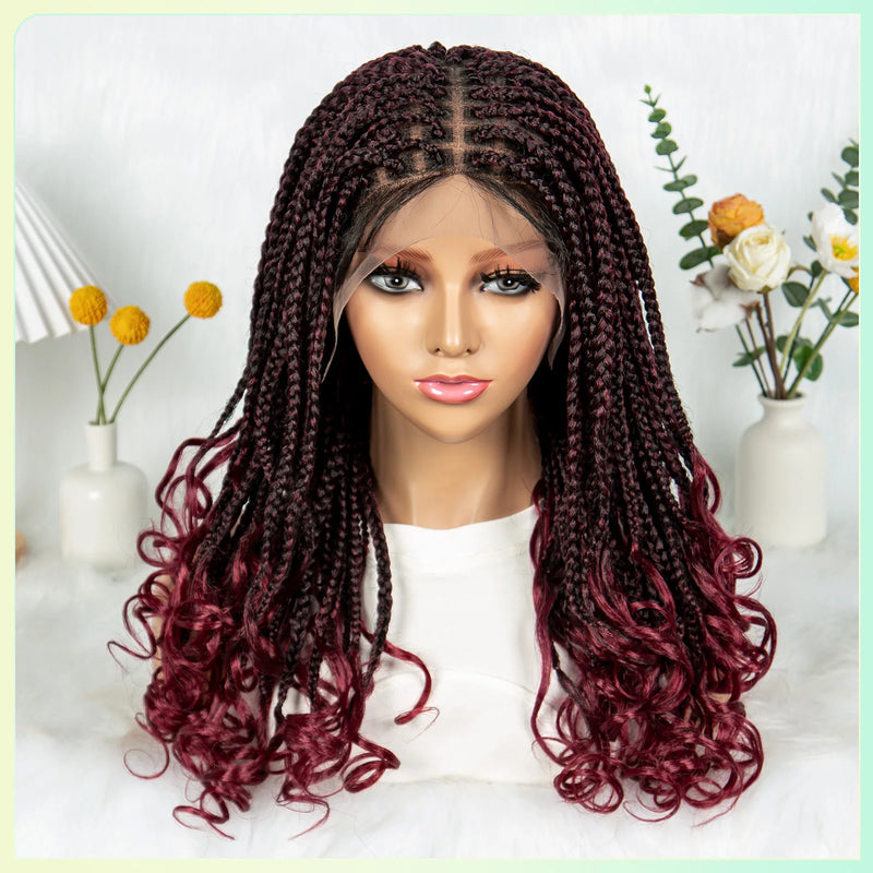 99J# Knotless Box Braided Wigs with Wavy Ends Synthetic Full Lace Braided Lace Wig with Baby Hair Lace Frontal Boho Braids Wig