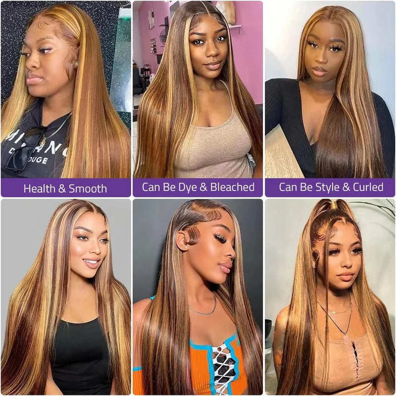Ombre Brown Colored Highlight Bone Straight Long Remy Human Hair Wigs 13x6 Lace Front Wig Transparent 13x4 Hd Lace Wig For Women